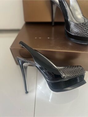 Bebe Black Snake-Embossed‎ Slingback Heels